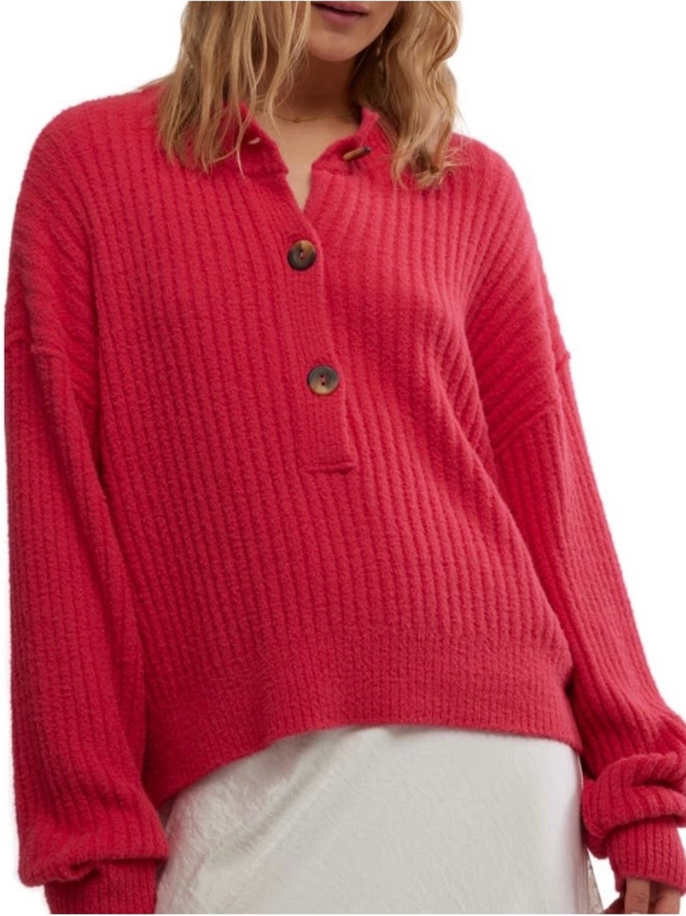 Free People Red Cropped Rib-Knit Button Pullover